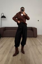 Pileli Paçası Düğmeli Şalvar Pantolon Siyah