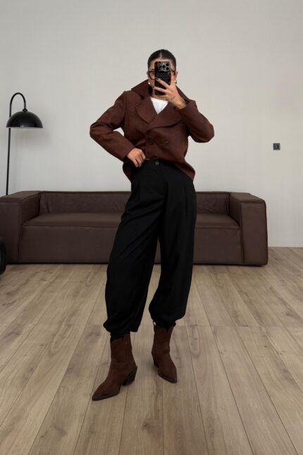 Pileli Paçası Düğmeli Şalvar Pantolon Siyah