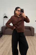 Kruvaze Kısa Süet Ceket Acı Kahve