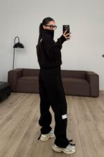 Paçası Bağcıklı Dik Yaka Eşofman Takım Siyah - Görsel 4