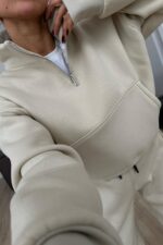 Paçası Bağcıklı Dik Yaka Eşofman Takım Bej - Görsel 2