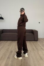 Paçası Bağcıklı Dik Yaka Eşofman Takım Kahverengi - Görsel 4