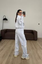 Paçası Bağcıklı Dik Yaka Eşofman Takım Gri - Görsel 4