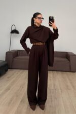 Manşet Kol Yakası Şallı Gömlek Takım Acı Kahve