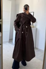 Şallı Düğmeli Uzun Trençkot Acı Kahve