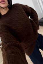 Triko Saç Örgülü Kazak Kahverengi - Görsel 2