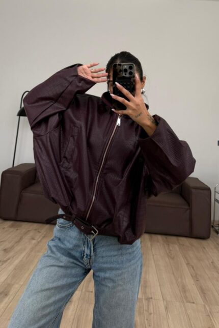 Beli Ayarlanabilir Yılan Derisi Ceket Bordo