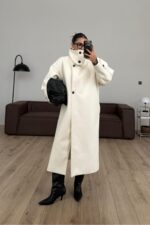 Trend Dik Yaka Kaşe Kaban Ekru