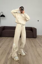 Paçası Bağcıklı Dik Yaka Eşofman Takım Bej