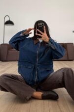 Fermuarlı Kadife Yaka Denim Ceket - Görsel 2