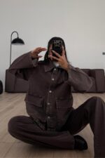 Düğmeli Kahve Eskitmeli Ceket