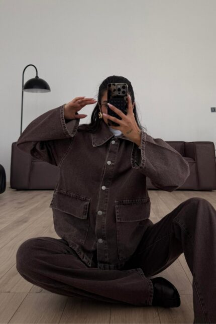 Düğmeli Kahve Eskitmeli Ceket