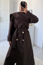 Şallı Düğmeli Uzun Trençkot Acı Kahve - Görsel 2