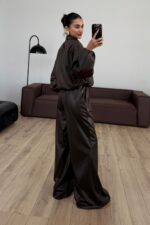 Parlak Kumaş Fermuarlı Ceket Takım Acı Kahve - Görsel 4