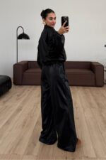 Parlak Kumaş Fermuarlı Ceket Takım Siyah - Görsel 4