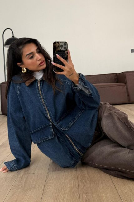Fermuarlı Kadife Yaka Denim Ceket