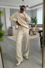 Çizgili Triko Pantolon Bej