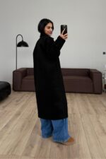 Astarlı Kruvaze Yaka Kaşe Kaban Siyah - Görsel 4