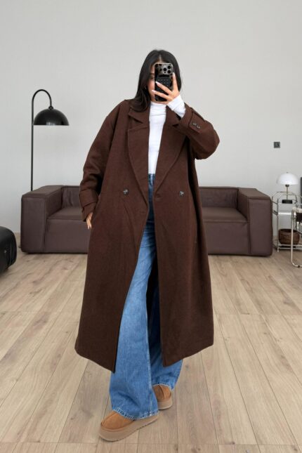 Astarlı Kruvaze Yaka Kaşe Kaban Kahverengi