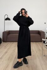 Dokulu Triko Elbise Siyah