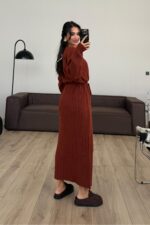 Dokulu Triko Elbise Taba - Görsel 3