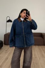 Fermuarlı Kadife Yaka Denim Ceket - Görsel 3