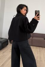 Crep Kumaş Düğmeli Trenç Siyah - Görsel 3