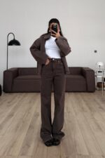 Afro Wide Leg Kahve Eskitme Jean