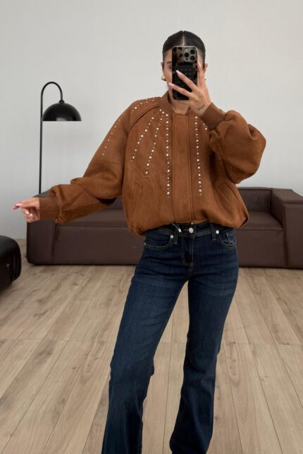 Zımbalı Süet Ceket Camel