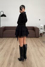 Güpür Detay Gold Tokalı Siyah Elbise - Görsel 4