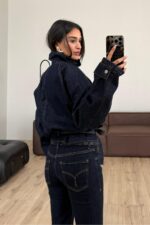 Kuşaklı Dik Yaka Bomber Ceket Lacivert - Görsel 4