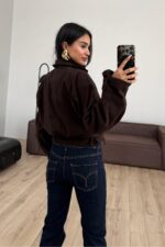 Kuşaklı Dik Yaka Bomber Ceket Acı Kahve - Görsel 4