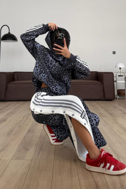 Çıtçıtlı Leopar Desenli Eşofman Takım Antrasit