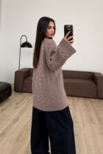 Triko Saç Örgülü Kazak Vizon - Görsel 3