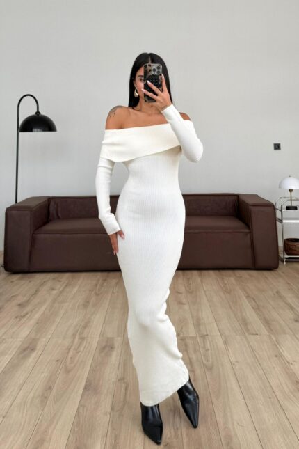 Madonna Yaka Fitilli Uzun Elbise Ekru
