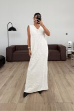 İki Parça Triko Elbise Ekru - Görsel 3