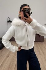 Şapkası Kürklü Hırka Kar Beyaz - Görsel 2