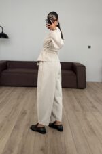 Büyük Düğmeli Beli Kemerli Triko Takım Taş - Görsel 4