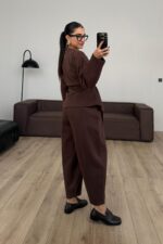 Büyük Düğmeli Beli Kemerli Triko Takım Acı Kahve - Görsel 4