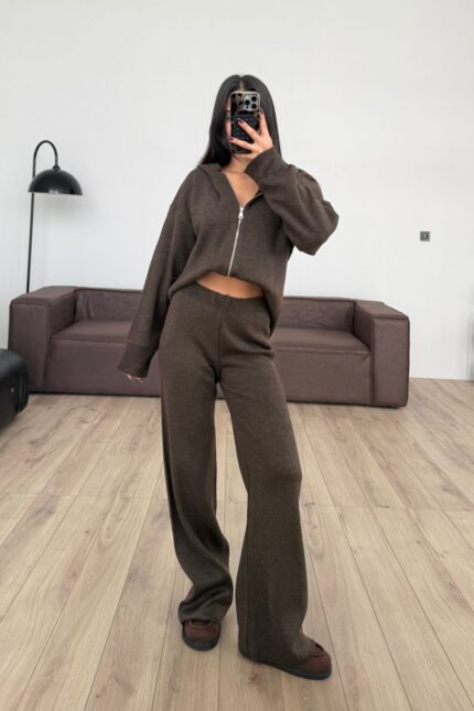 Kapşonlu Triko Hırka Pantolon Takım Kahverengi
