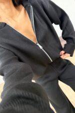 Kapşonlu Triko Hırka Pantolon Takım Siyah - Görsel 2