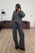 Kapşonlu Triko Hırka Pantolon Takım Antrasit