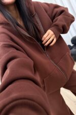 Oversize Kapşonlu Hırka Kahverengi - Görsel 3