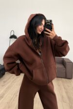 Oversize Kapşonlu Hırka Kahverengi