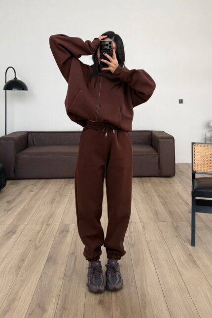 Paçası Lastikli Eşofman Altı Kahverengi