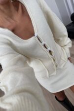 V Yaka Hırka Triko Etek Takım Ekru - Görsel 3