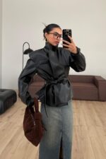 Yumuşak Derili Kemerli Ceket Siyah