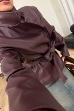 Yumuşak Derili Kemerli Ceket Bordo - Görsel 2