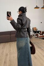 Yumuşak Derili Kemerli Ceket Acı Kahve - Görsel 3