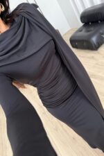 Fularlı Beli Büzgülü Soft Touch Elbise Siyah - Görsel 4